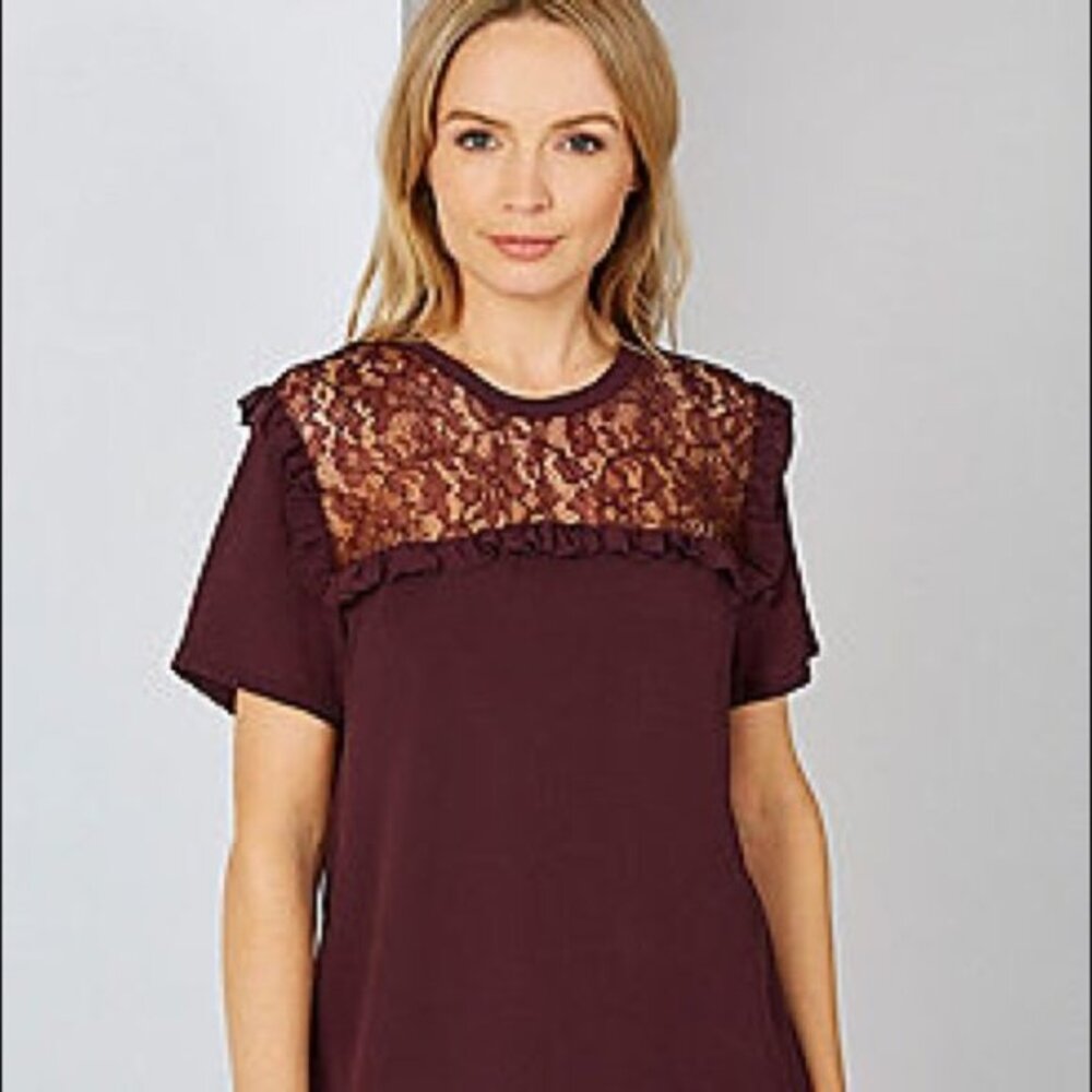 French Connection Maroon Lace Yoke Ruffle Trim Short Sleeve Top Size Medium